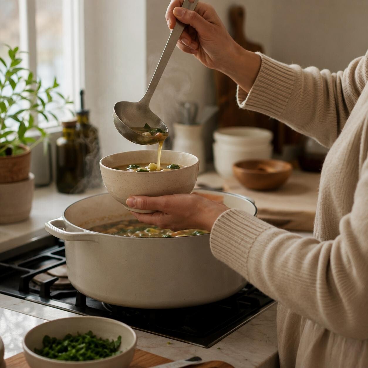 Person ladling soup from a cream-coloured pot into a bowl in a bright kitchen