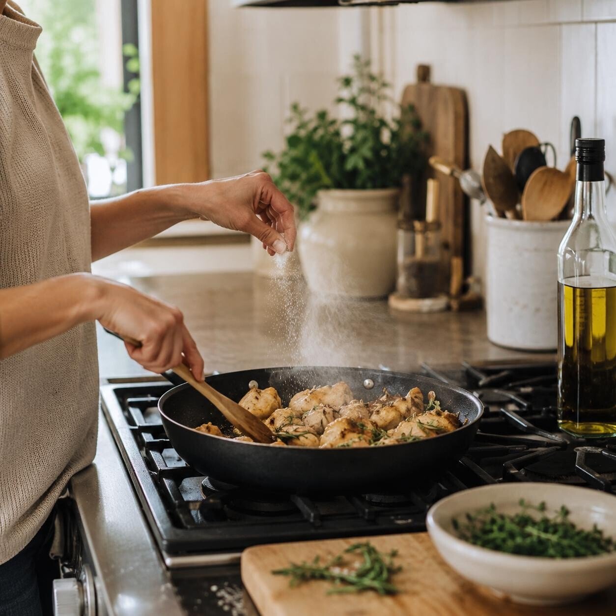 Person seasoning chicken pieces cooking in a black pan on a gas stove
