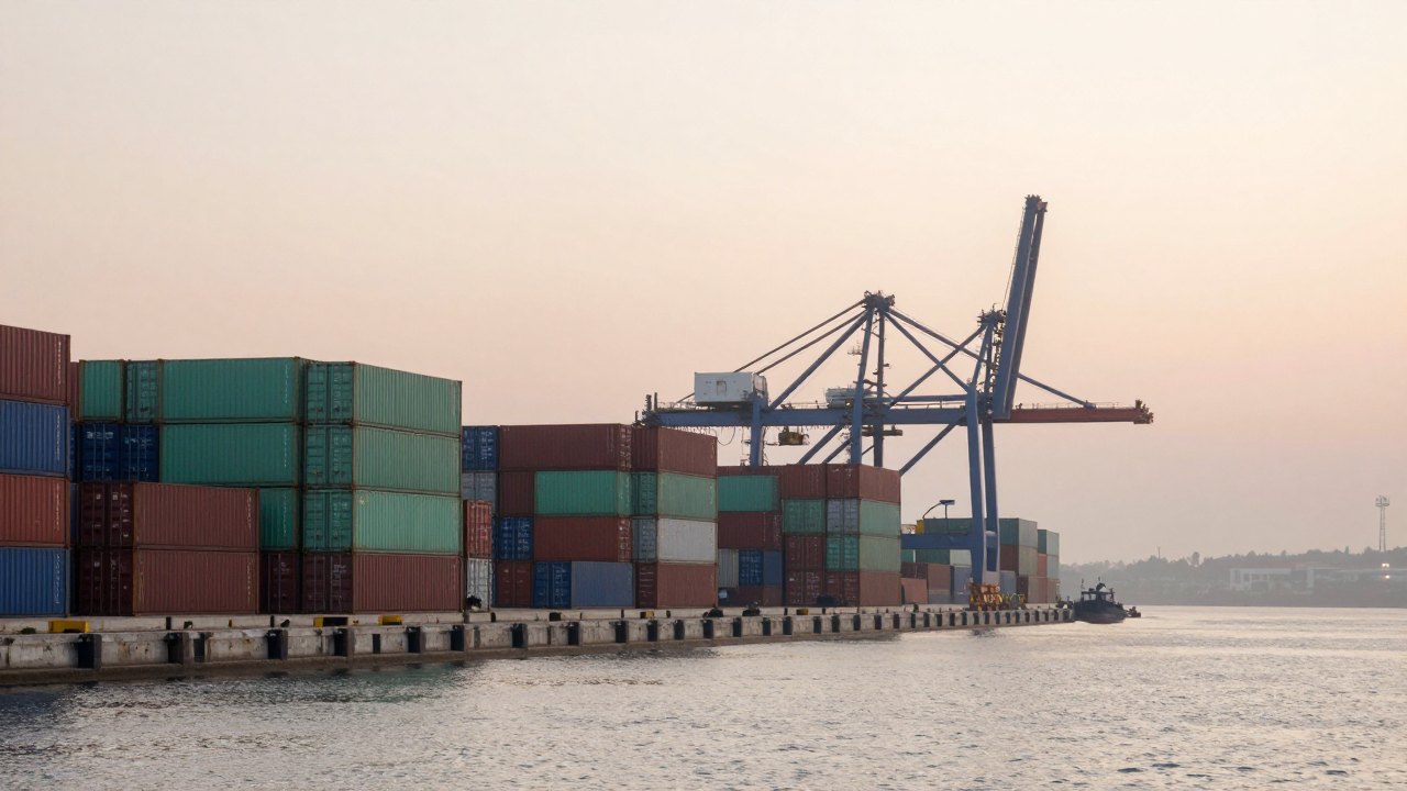 Misty harbour at sunrise with stacked containers and a crane over calm water