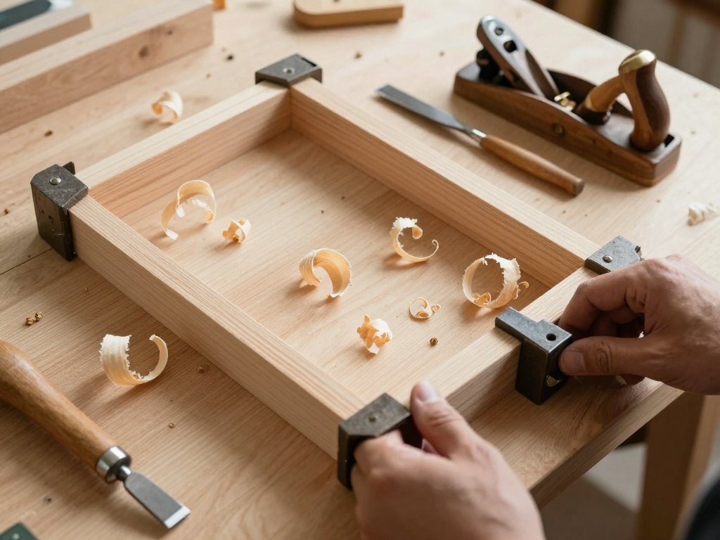 Hands tightening a clamp on a wooden frame on a workbench with shavings