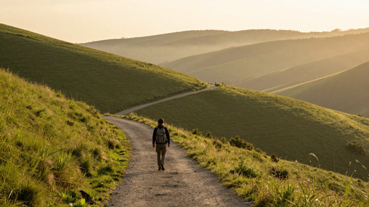 Distant hiker from behind walking a winding path across green hills in evening light