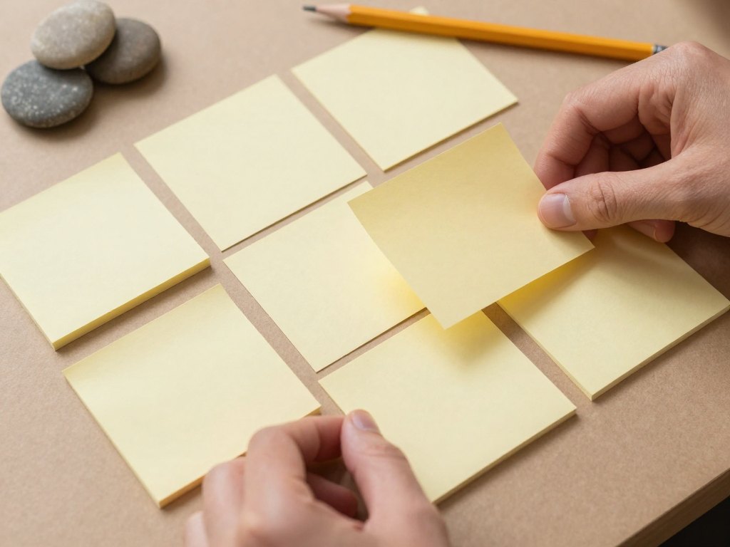 Hands arranging blank sticky notes into groups on kraft paper with pencil and pebbles