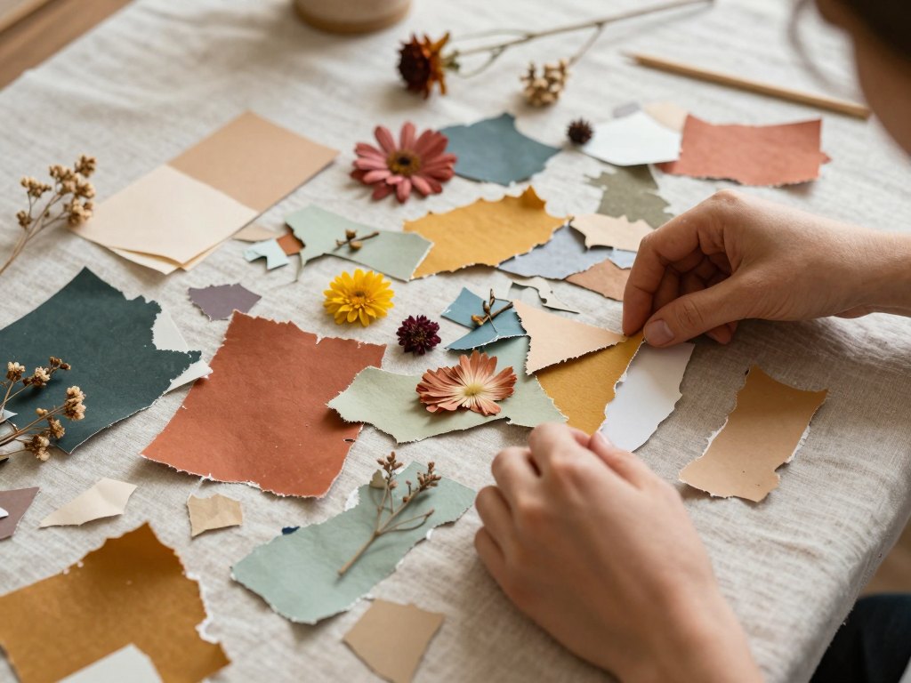 Hands arranging paper pieces, fabric swatches and dried flowers into a collage on a table
