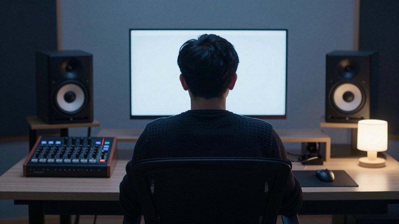 Person seen from behind at an editing desk with speakers and a mixing controller in blue evening light