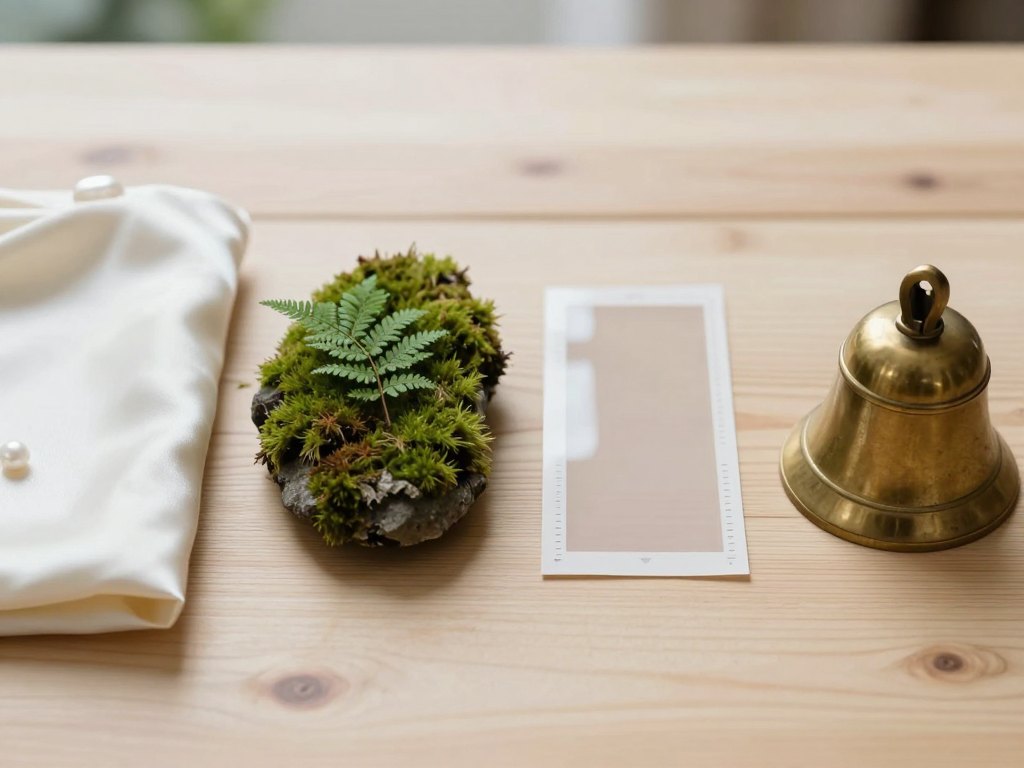 Four groups of contrasting materials arranged side by side on a wooden table