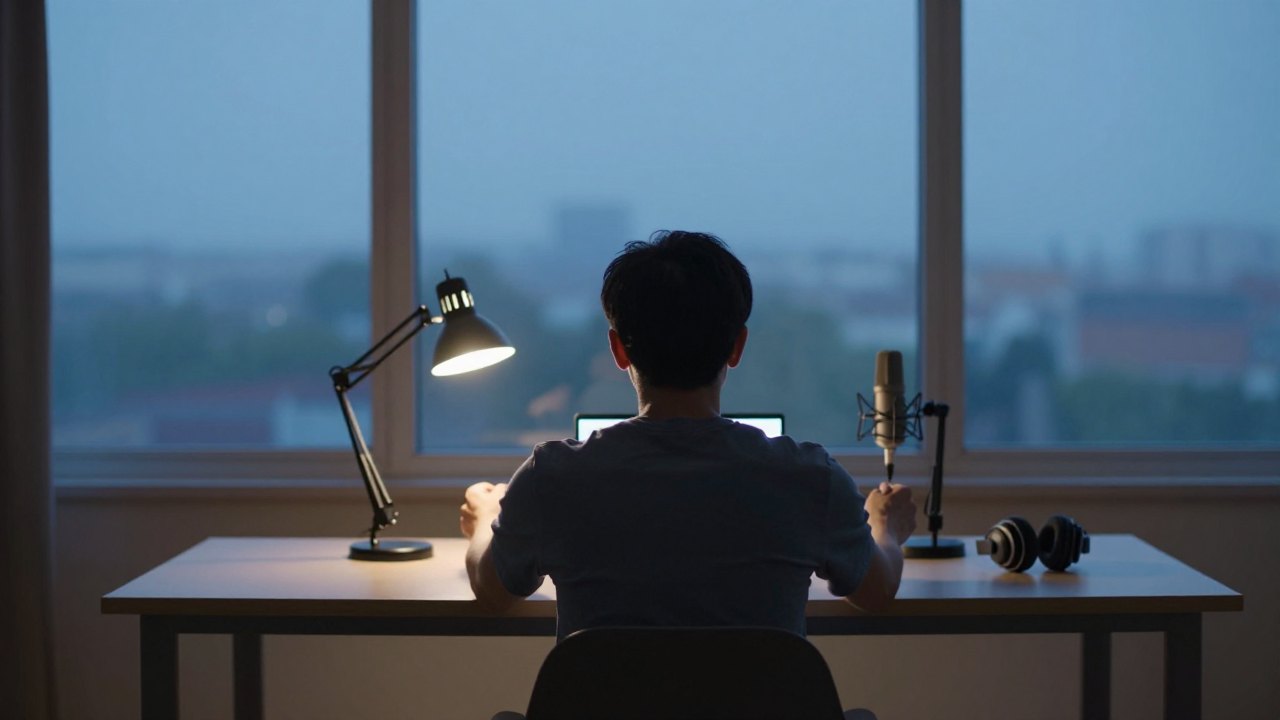 Person seen from behind at a studio table with microphone, headphones and closed laptop at dusk
