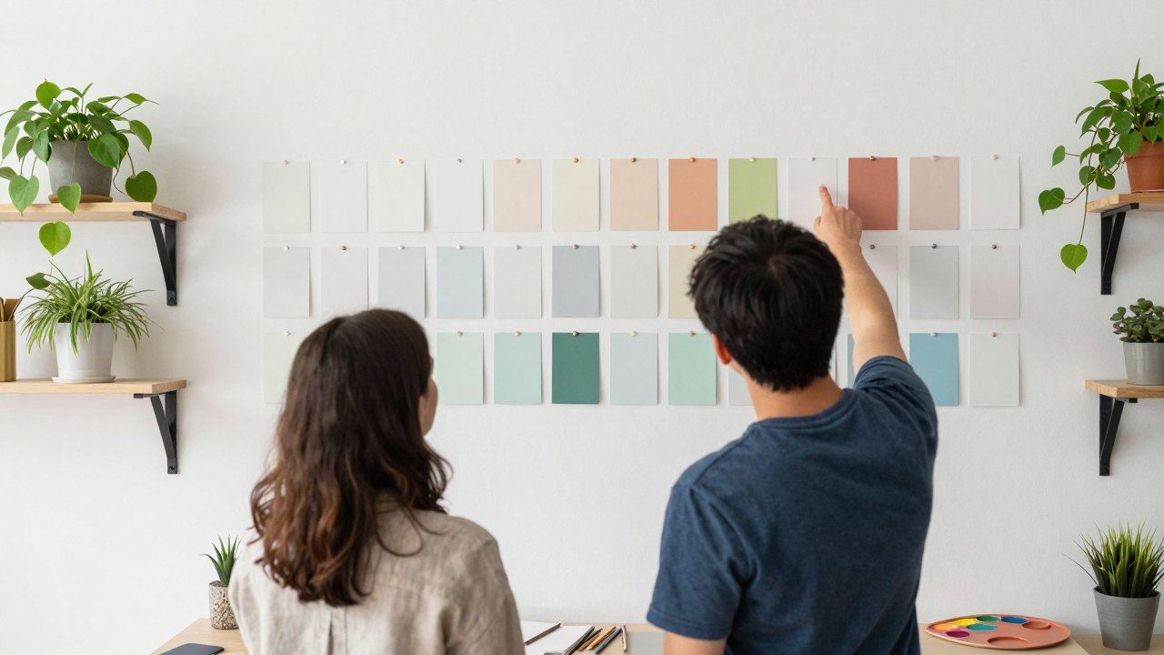 Two people seen from behind arranging blank cards and colour swatches on a studio wall