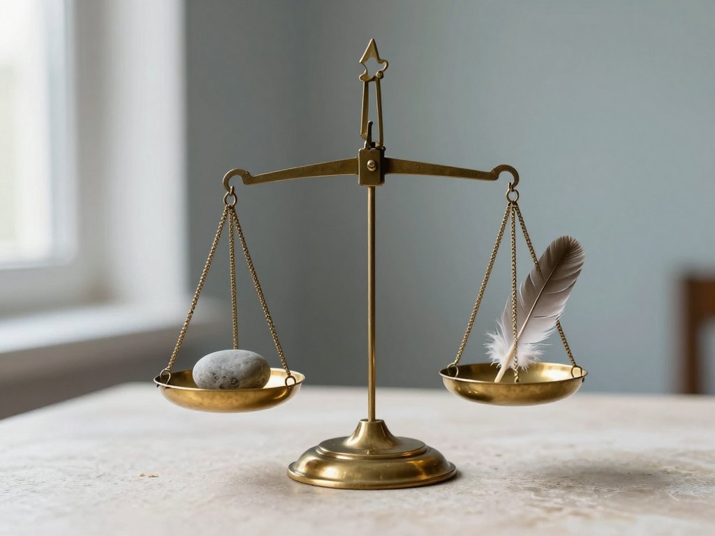 Brass balance scale holding a pebble and a feather on a stone surface