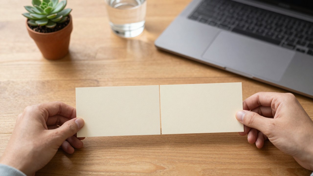 Hands arranging blank paper cards on a wooden desk beside a closed laptop and a small plant