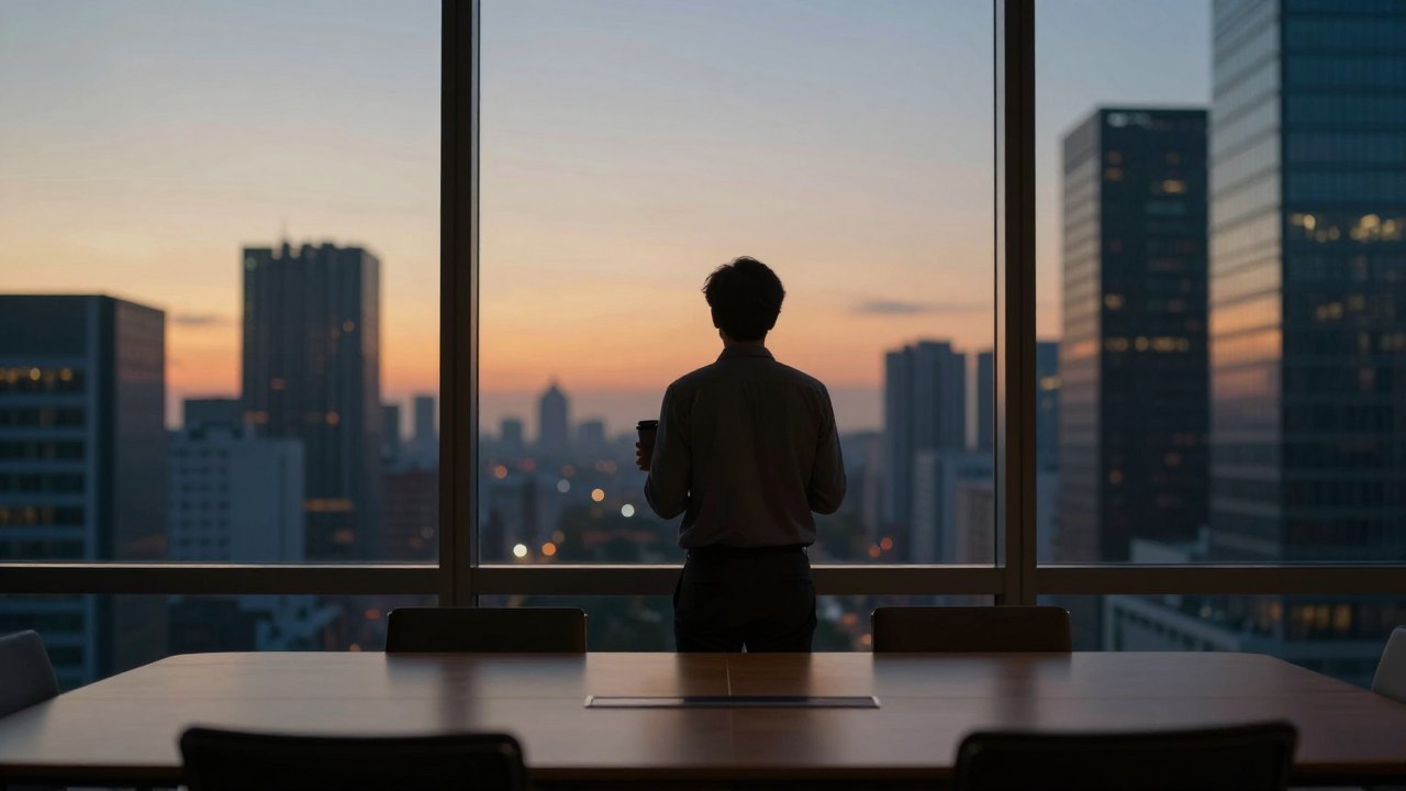 Person seen from behind at an office window overlooking the city at dusk