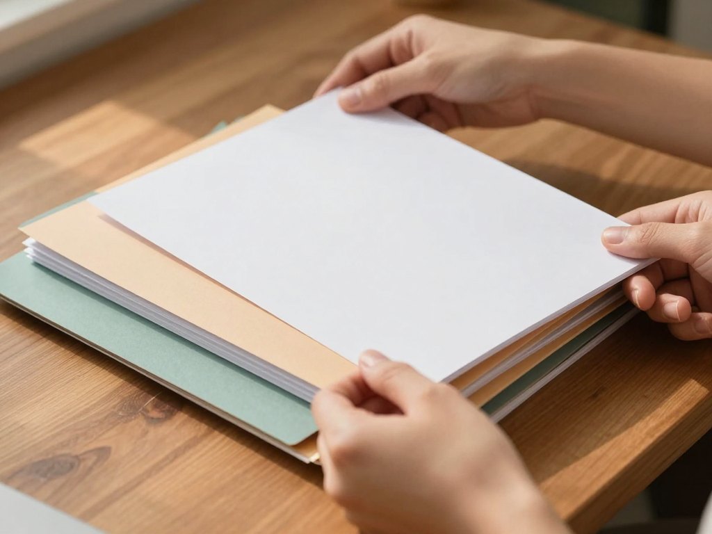Hands sorting blank sheets and plain coloured folders into groups on a wooden table
