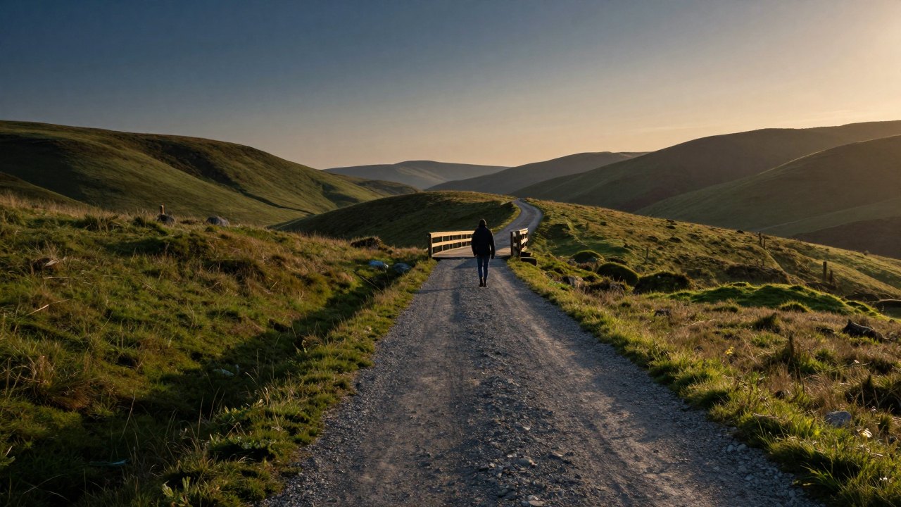 Distant walker on a gravel path through green hills toward a wooden footbridge at sunset