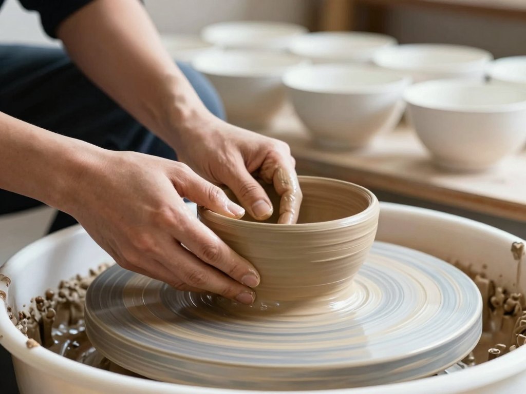 Hands shaping a clay bowl on a wheel with plain identical bowls blurred behind