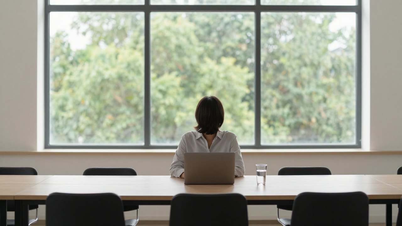 Person seen from behind sitting at a long table in a bright studio facing a window
