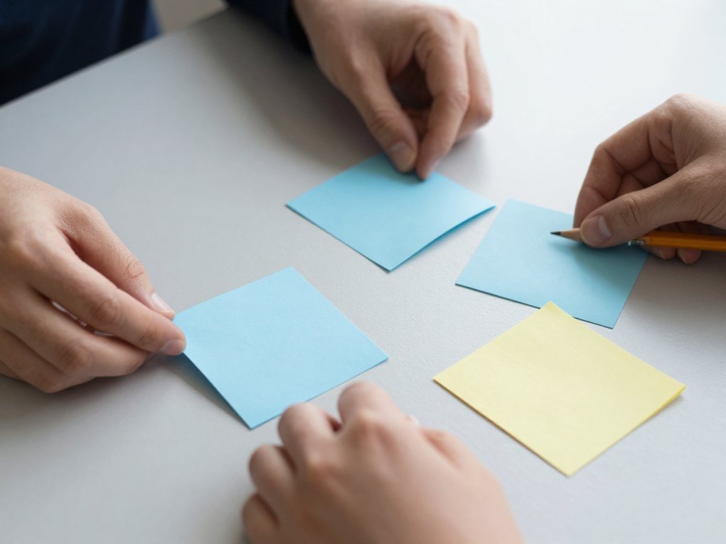 Hands arranging blank paper cards in a sequence on a grey table next to a pencil