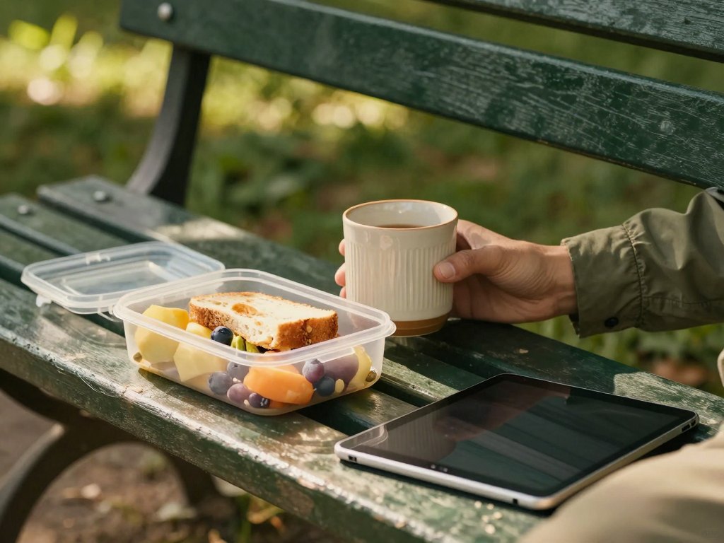 Hands holding a mug on a park bench beside lunch and a closed tablet