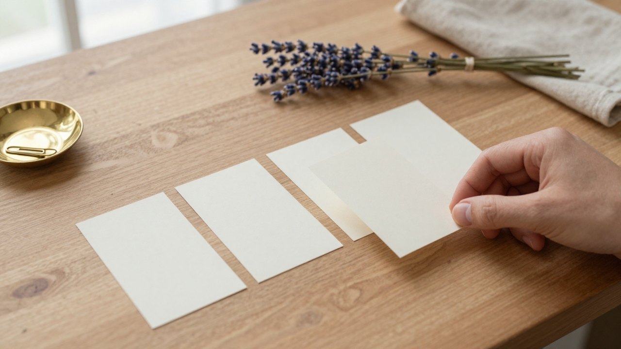 Hand arranging blank cards in a row on a wooden table with dried lavender