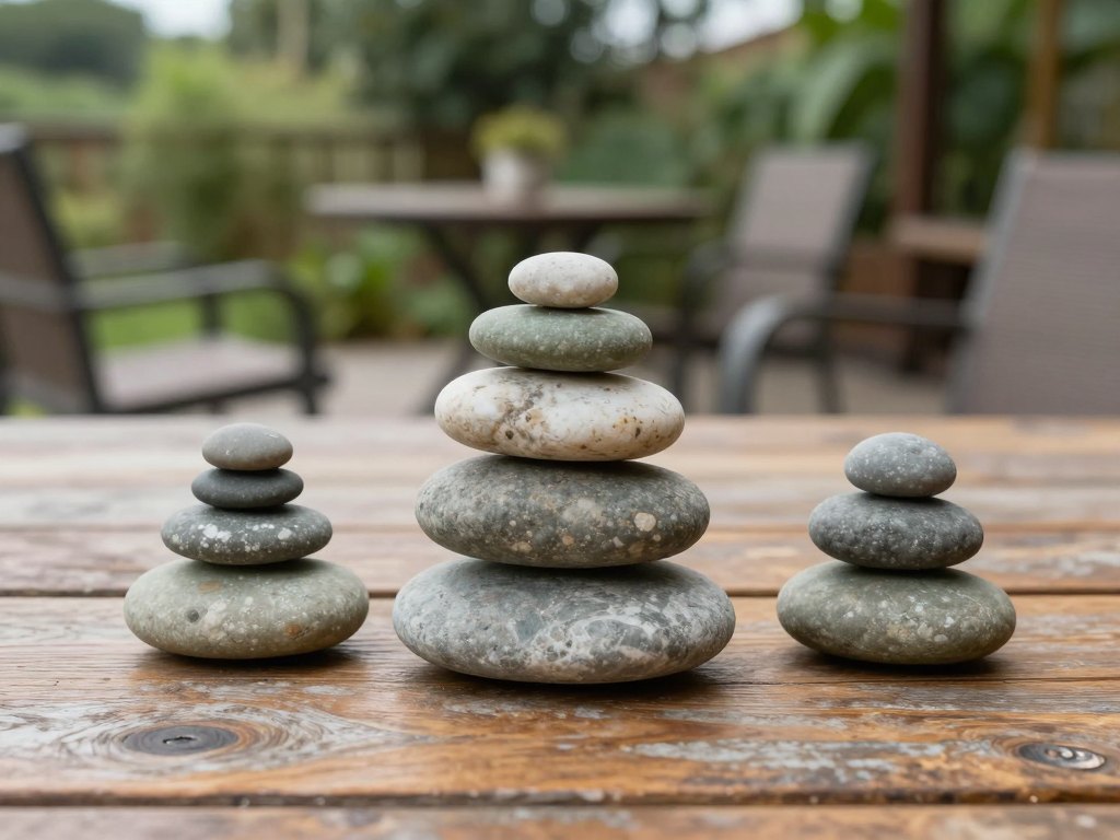 Stack of five river stones on a wooden table with empty chairs in a circle behind