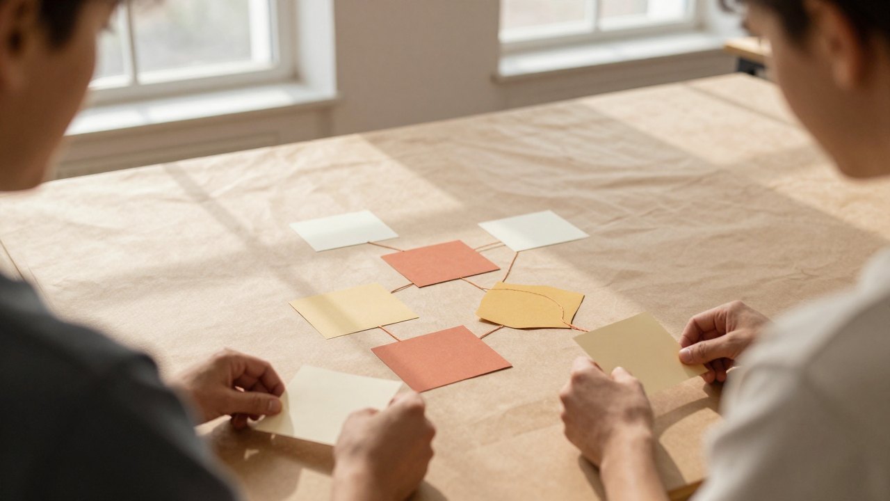 Two people seen from behind arranging blank paper cards connected by string on a large table