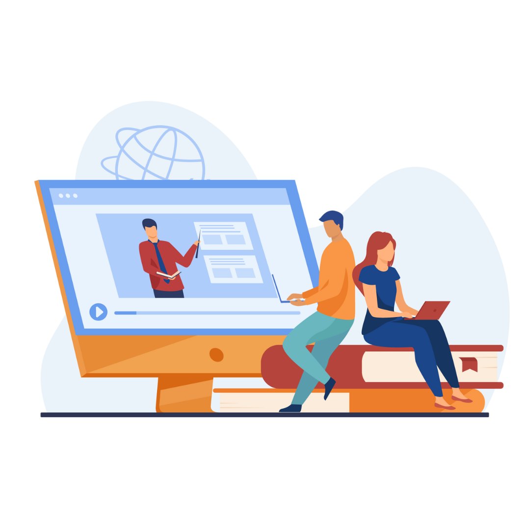 Illustration of two people with laptops sitting on books beside a monitor showing a teacher