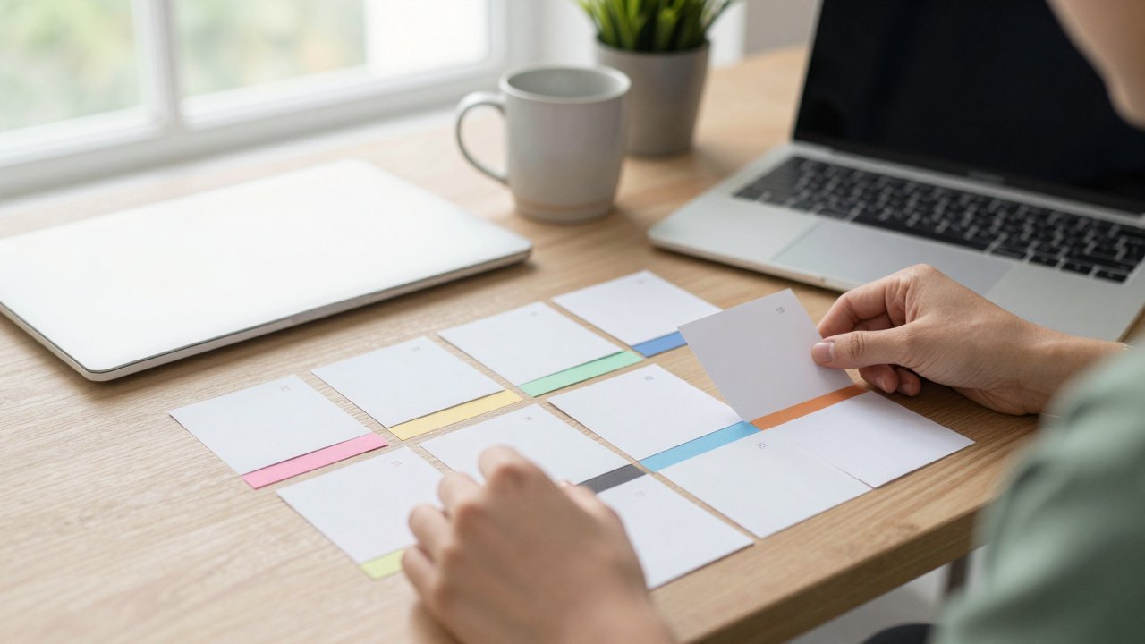 Hands arranging blank colored cards into a lesson sequence on a desk beside a closed laptop