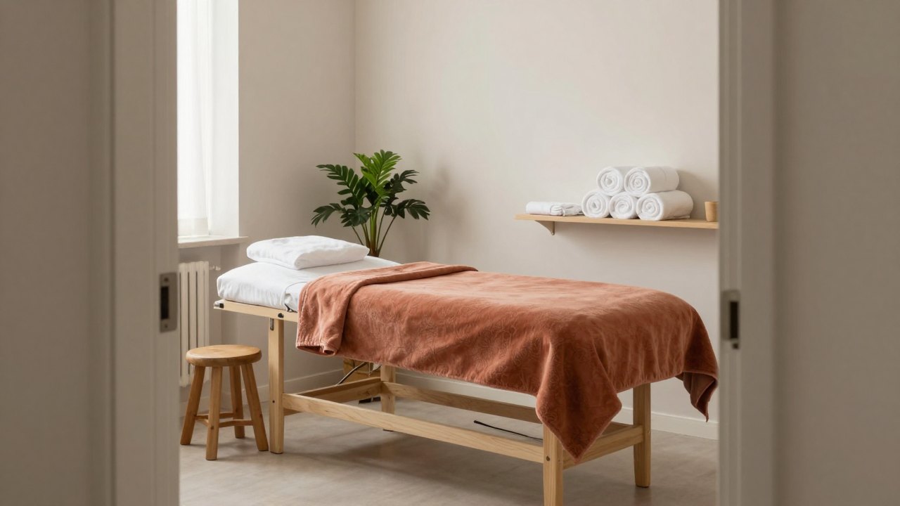 Quiet treatment room with an empty bed, wooden stool, plant and rolled towels