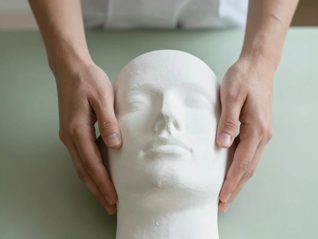 Pair of hands placed on a blank white plaster face model