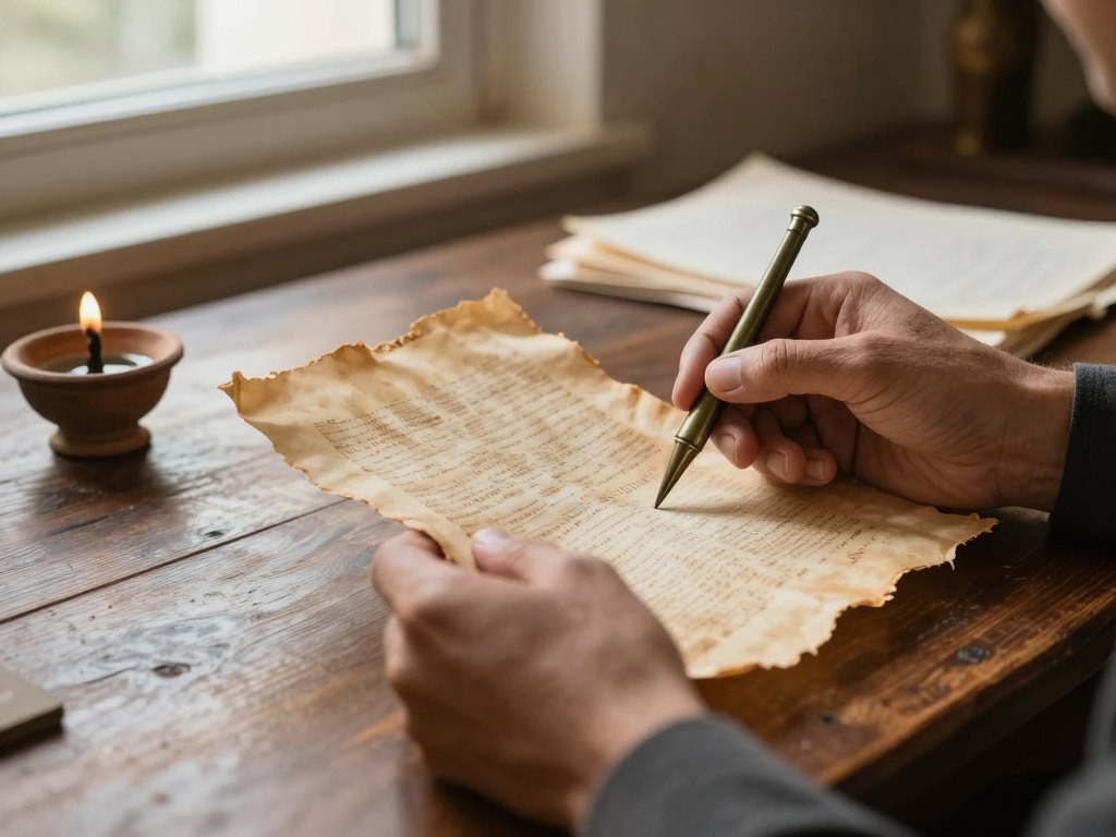 Hands holding a papyrus fragment on a wooden desk with a bronze stylus and clay lamp