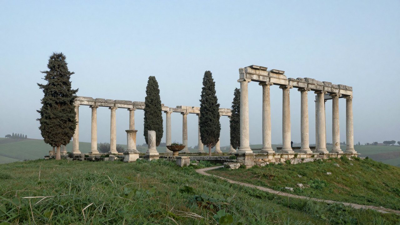 Ancient Roman marble columns on a misty hillside with cypress trees at dawn