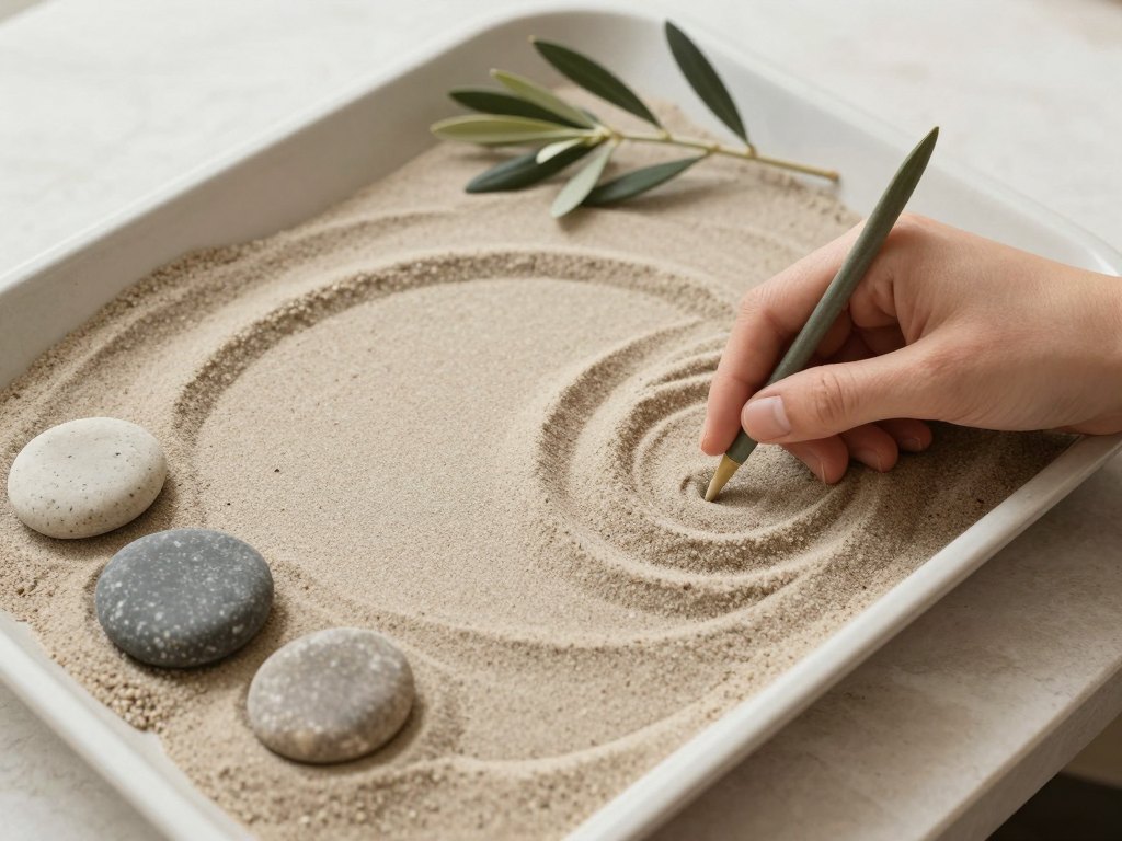 Fingertip tracing a curved shape in a tray of sand beside pebbles and olive leaves