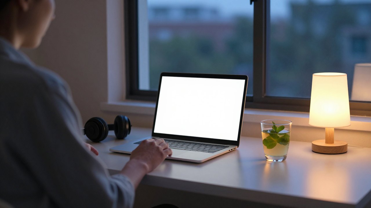 Person seen from behind studying at a desk by a window with headphones and mint tea