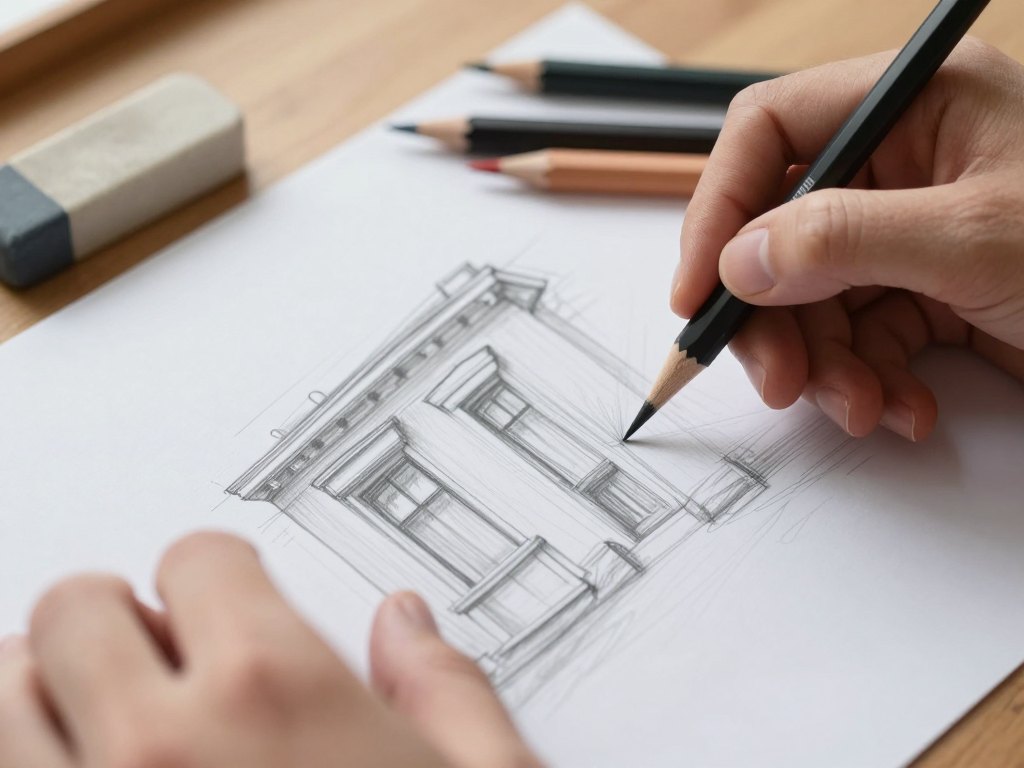 Hands sketching with pencil over a printed black-and-white building perspective