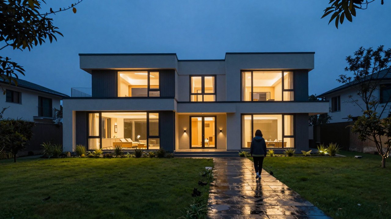 Modern glass-fronted house glowing at dusk with a garden path in the foreground