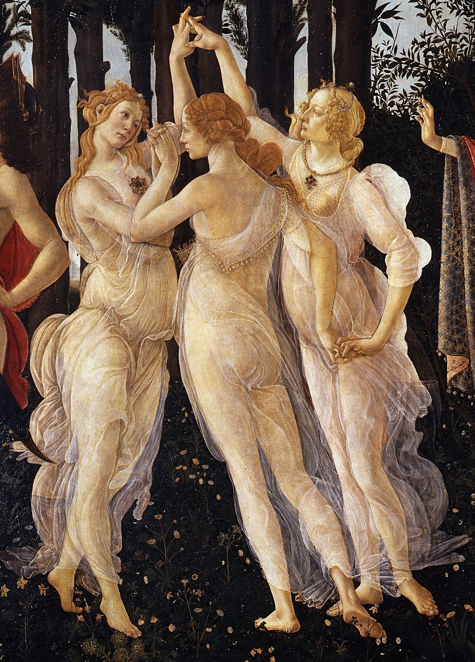 Renaissance painting detail of three dancing women in sheer gowns in a dark flowery forest