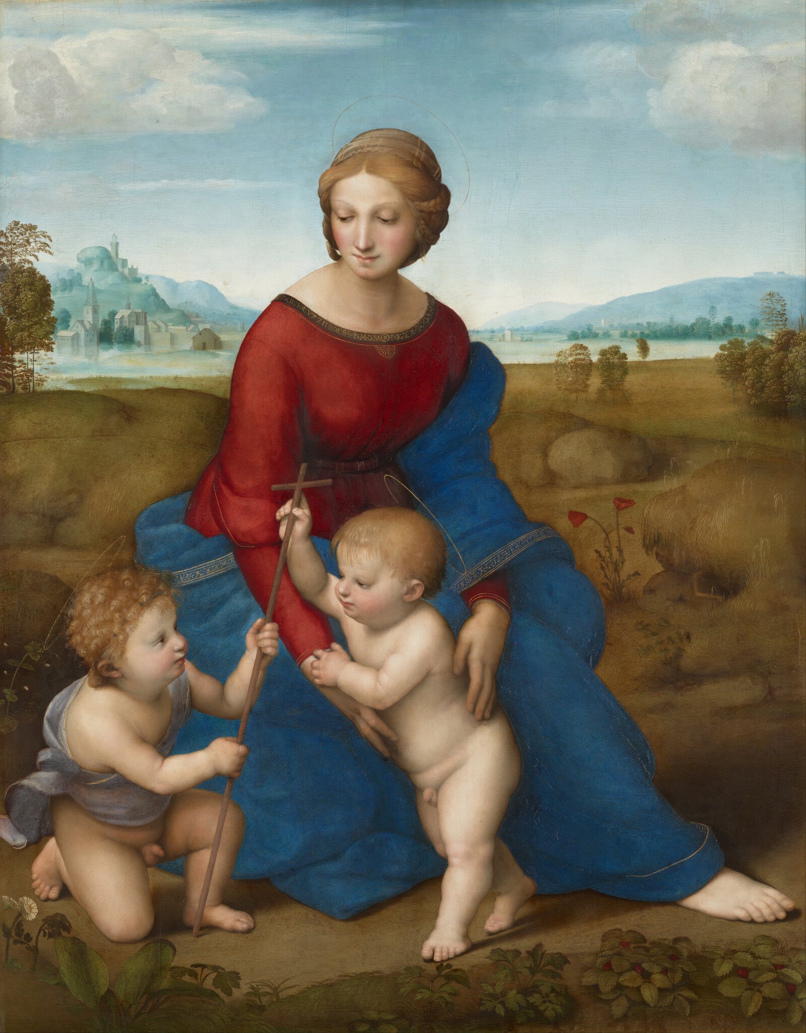Renaissance painting of the Madonna seated in a landscape with two children