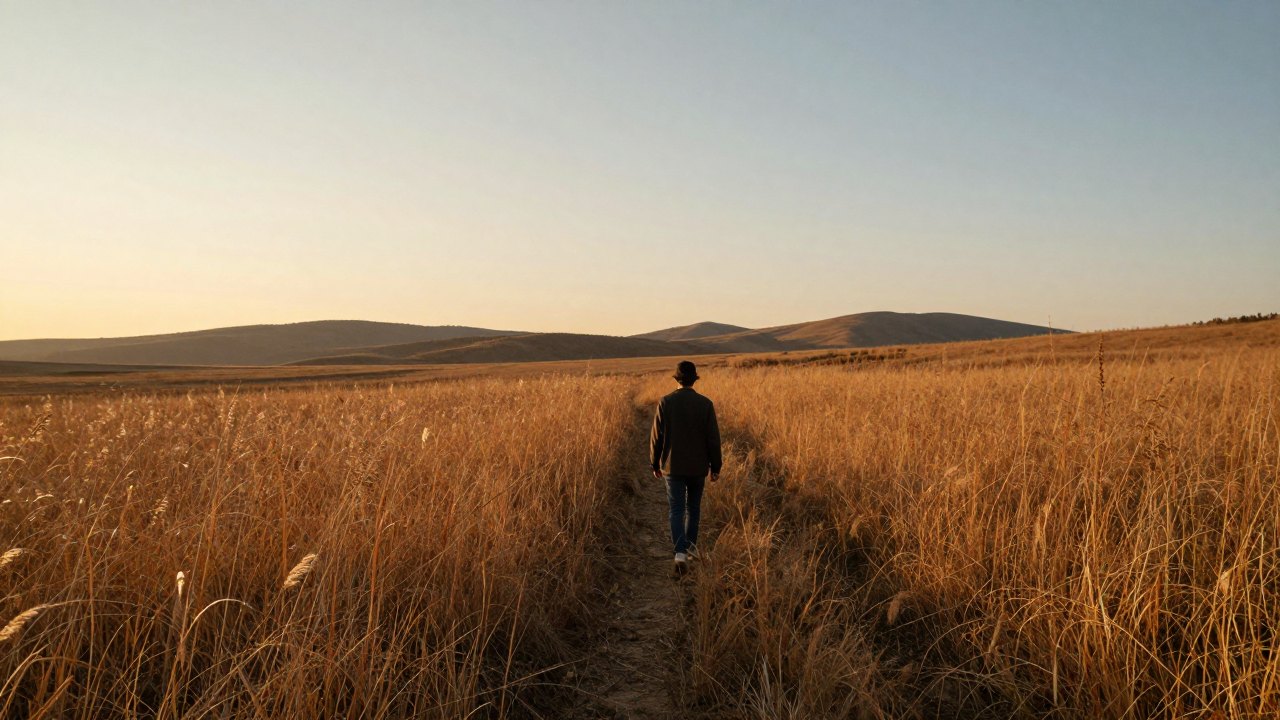 Person seen from behind walking along a grassy path toward hills at sunset