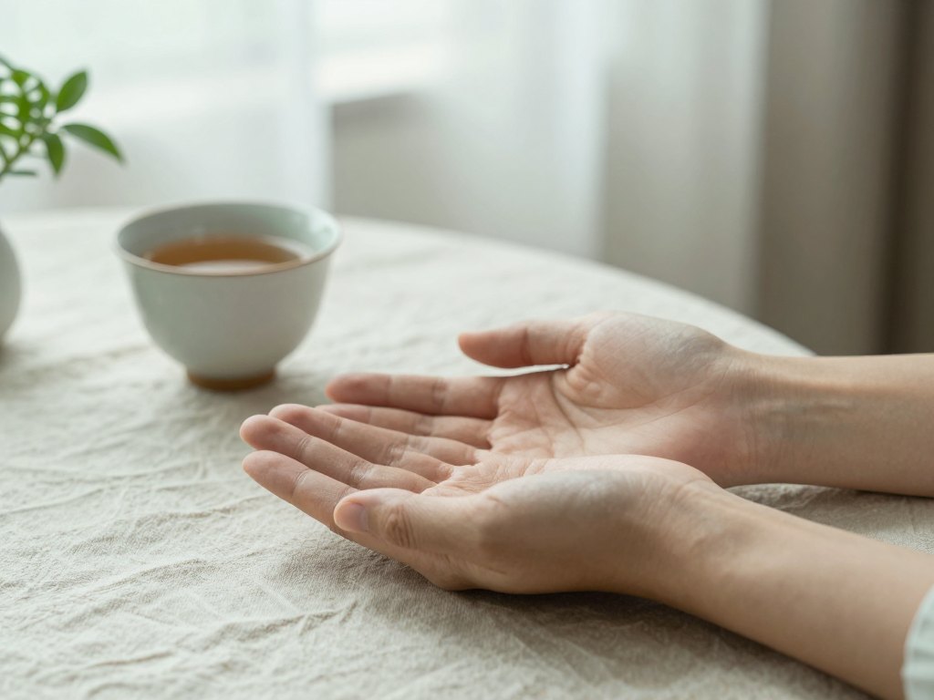 Relaxed open hands resting on linen beside a cup of tea and a plant
