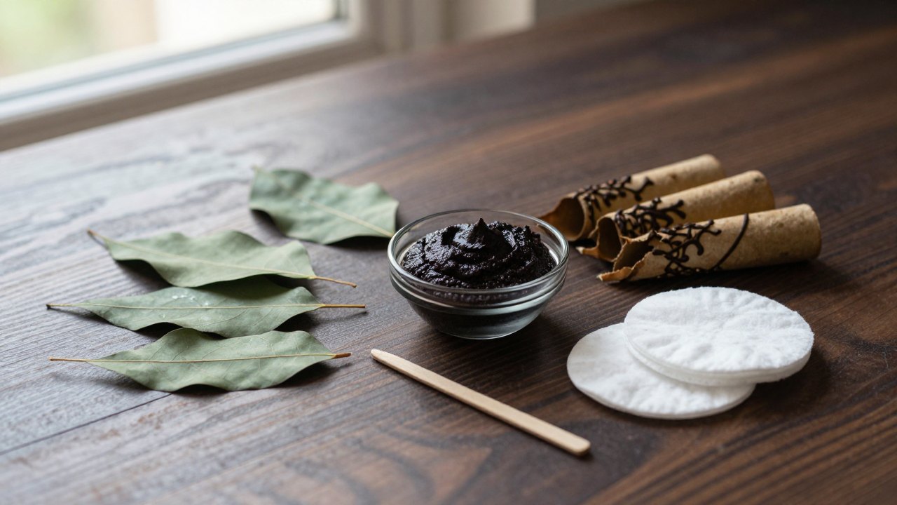 Henna paste, rolled cones, dried leaves and wooden stick on a dark wooden table