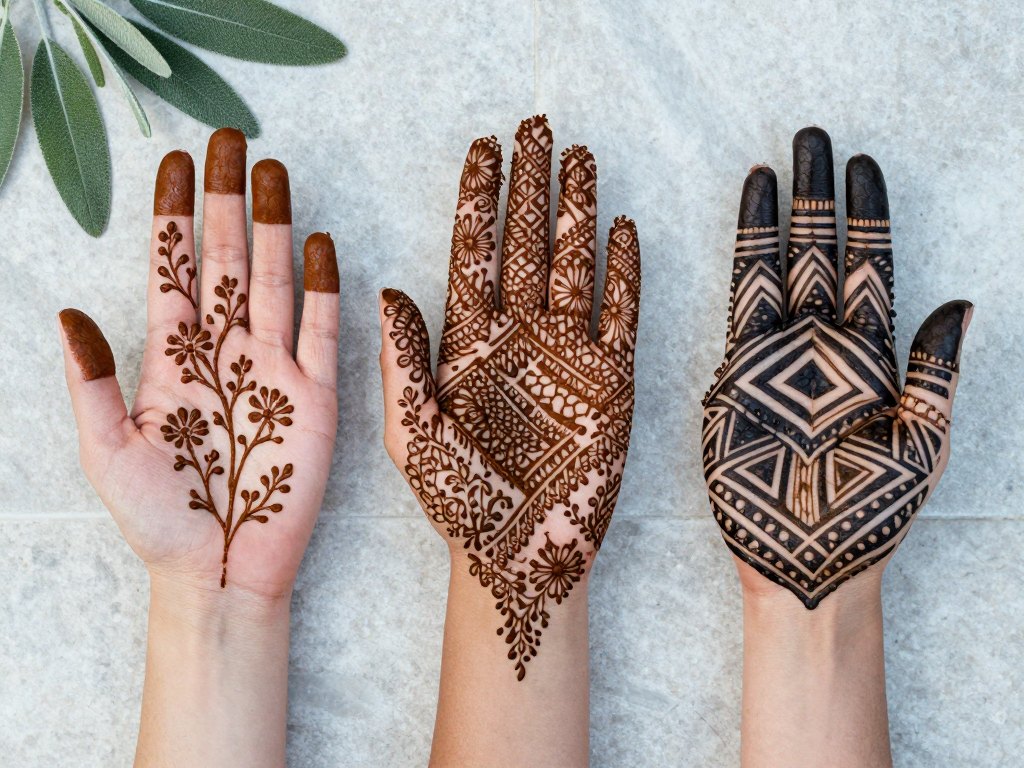 Three hands decorated with floral, dense and geometric henna styles on stone