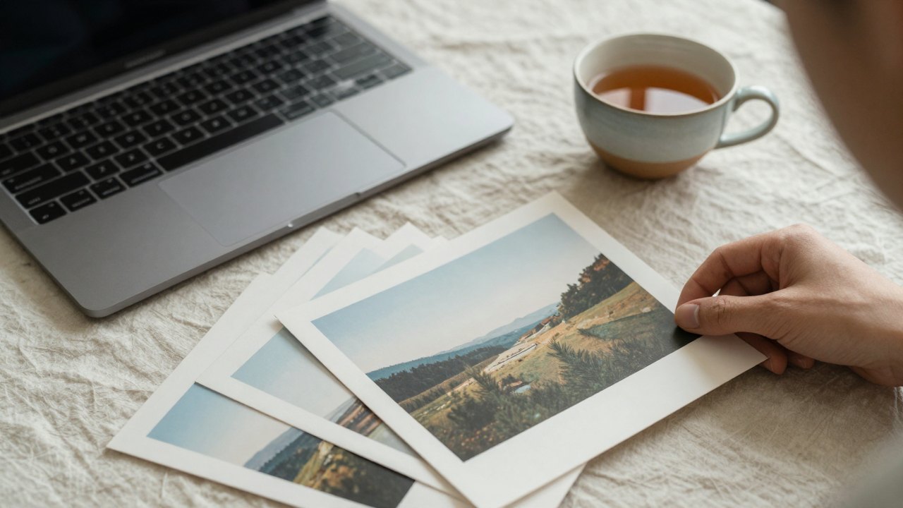 Hand arranging matte photographic prints beside a closed laptop and a cup of tea