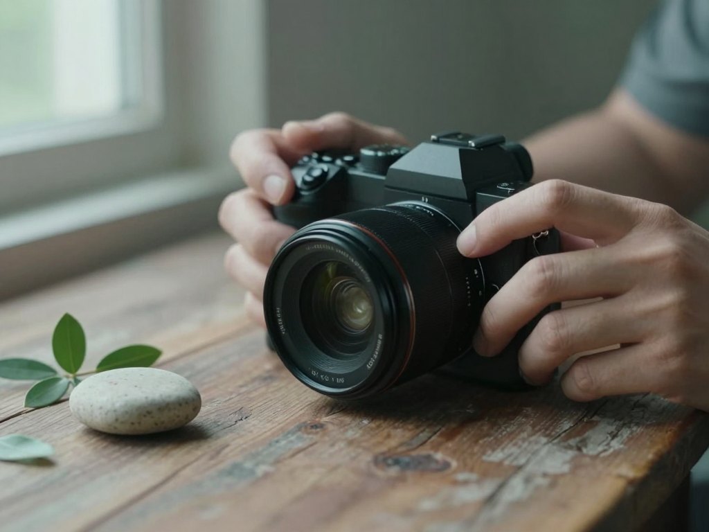 Hands turning the focus ring of a camera on a wooden table by a window