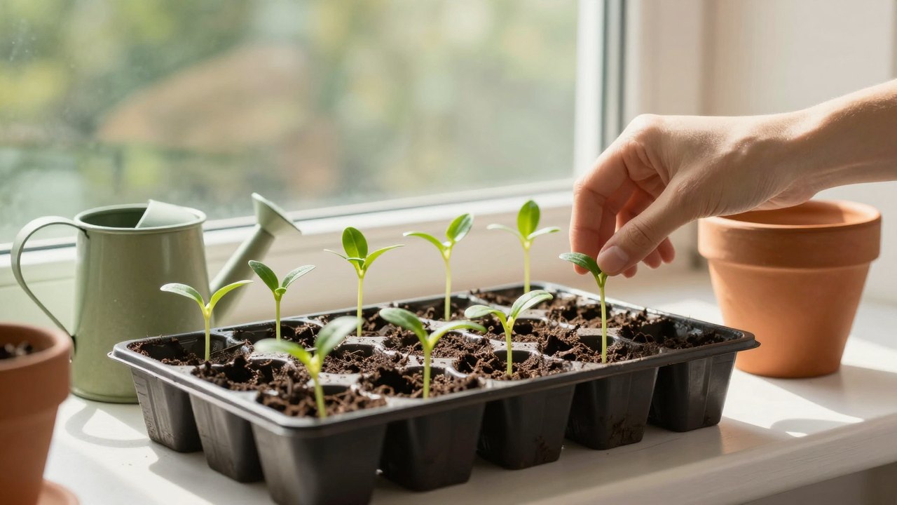 Young seedlings at different growth stages on a sunny windowsill with a small watering can
