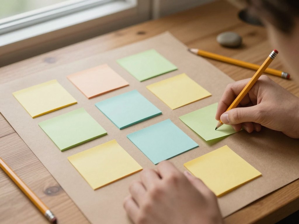 Hands arranging blank sticky notes into a path on kraft paper on a table