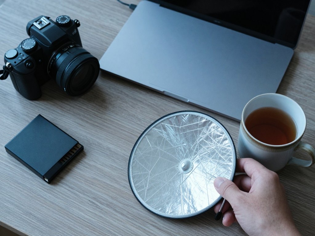 Desk with camera, closed laptop and reflector, suggesting shooting and editing in one process