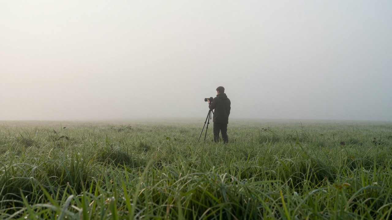 Distant photographer with tripod in a misty meadow at dawn