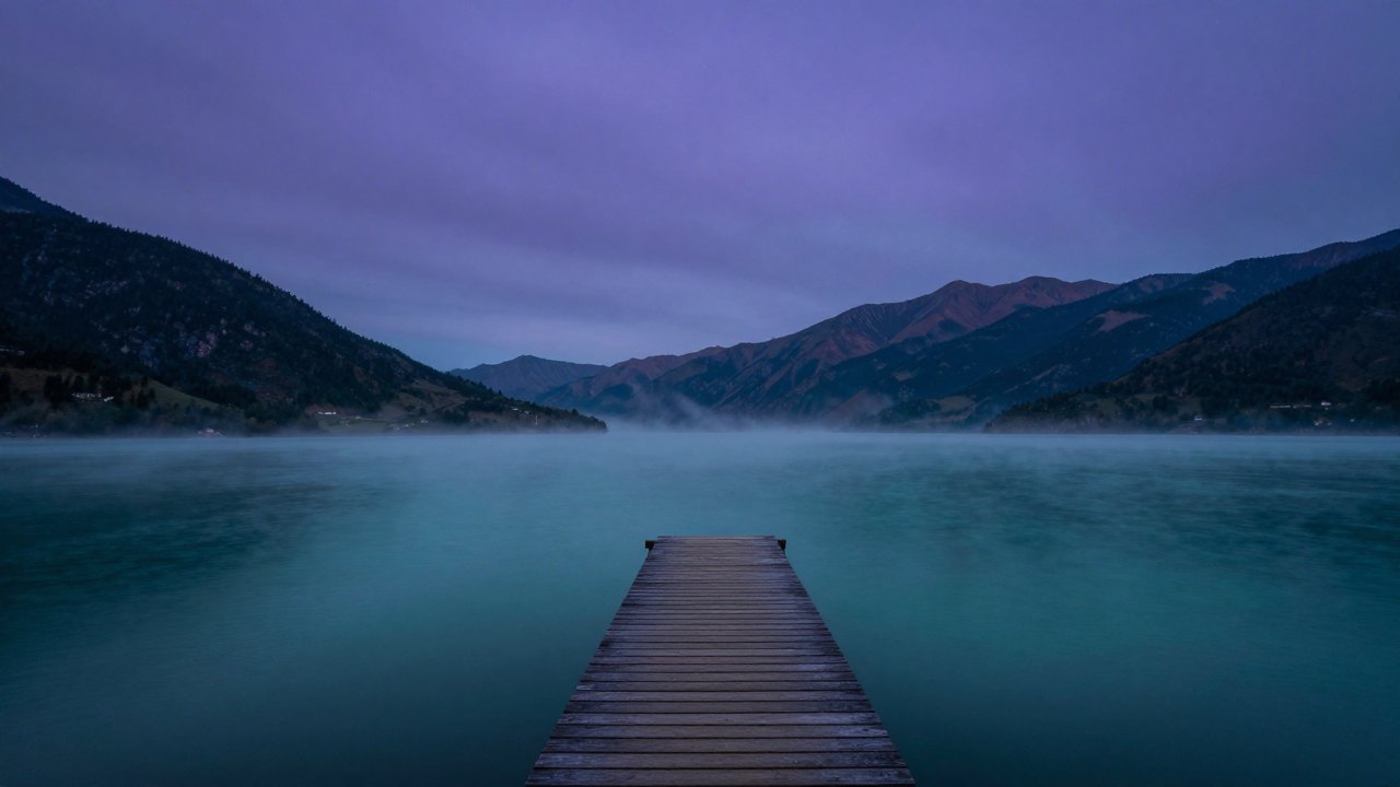 Misty mountain lake at twilight with a wooden jetty under a violet sky