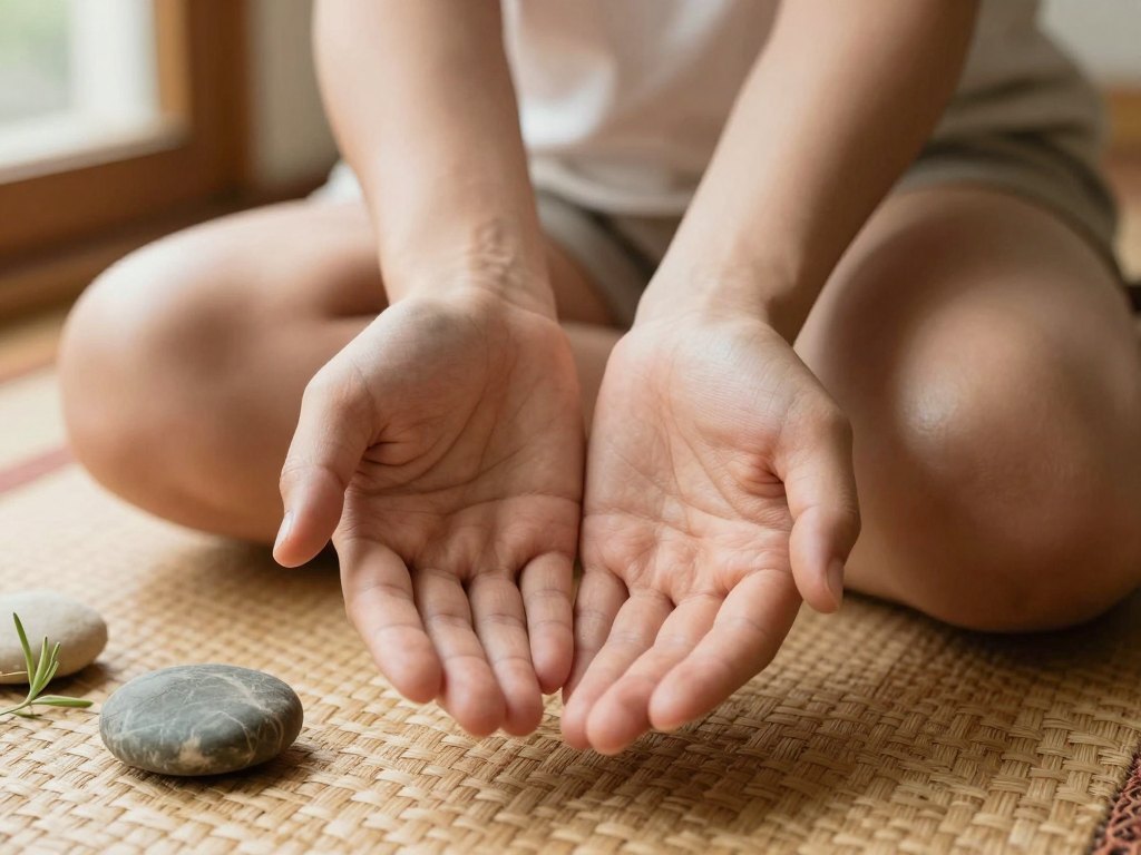 Hands resting palms up on crossed knees on a woven mat beside a stone and plant