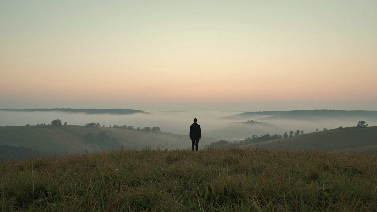 Distant figure from behind on a hilltop watching dawn over a misty valley