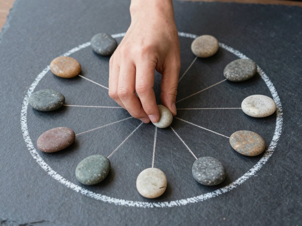 A hand placing coloured stones on a chalk circle divided into twelve sections