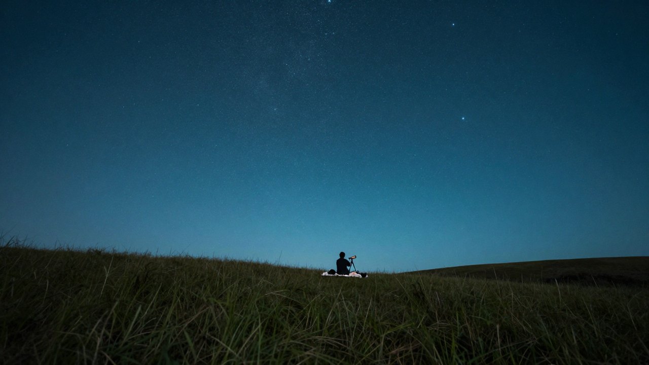 Starry night sky over a dark meadow with a distant seated person seen from behind